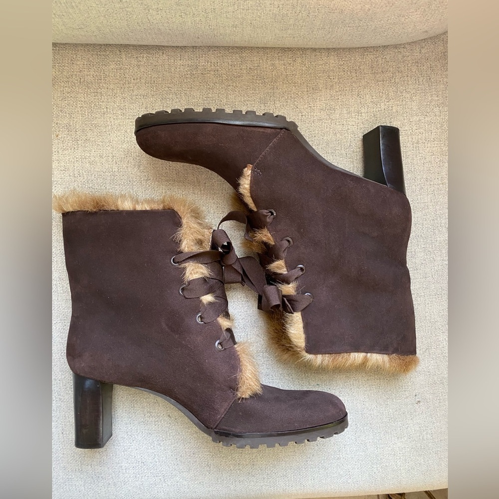 LOFT Chocolate Fur-Trimmed Heeled cozy Boots suede 7